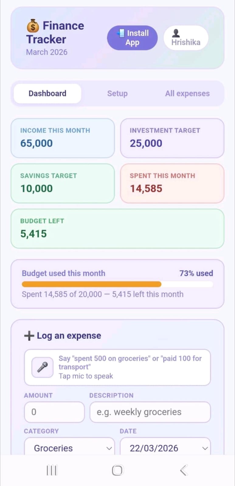Finance Tracker dashboard — budgets, targets, and voice-based expense logging