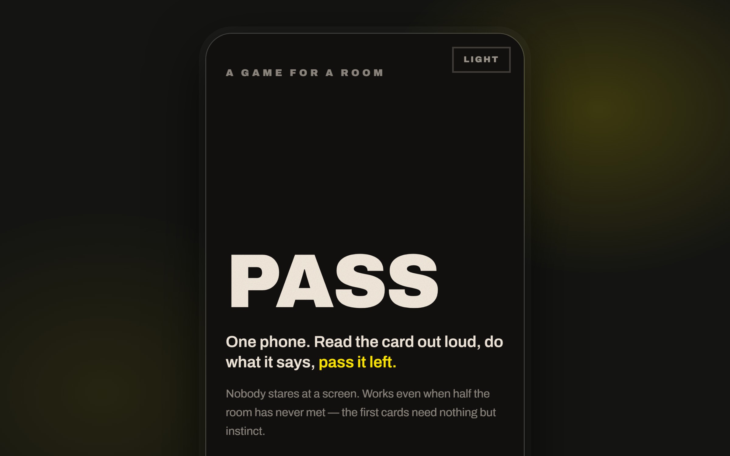PASS on a phone — one phone, read the card out loud, pass it left