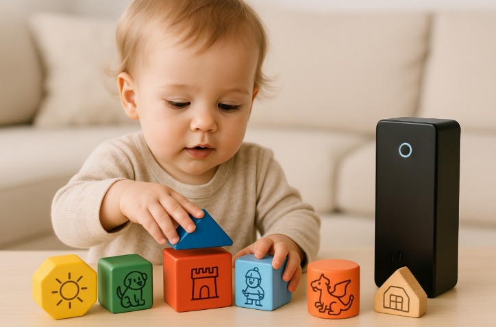 A toddler playing with smart story blocks