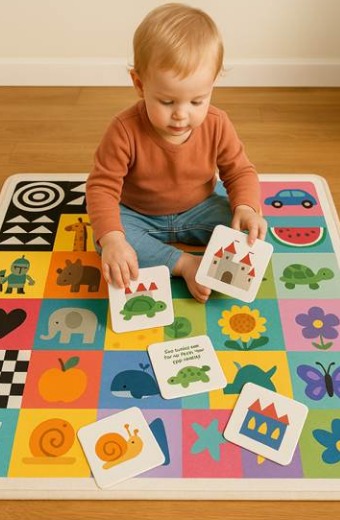 A toddler playing on a responsive play mat with picture cards